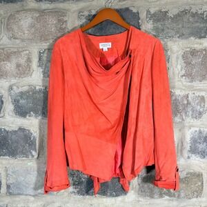 VAKKO New York Orange Suede Leather Asymmetrical‎ Drape Front Jacket Size Large